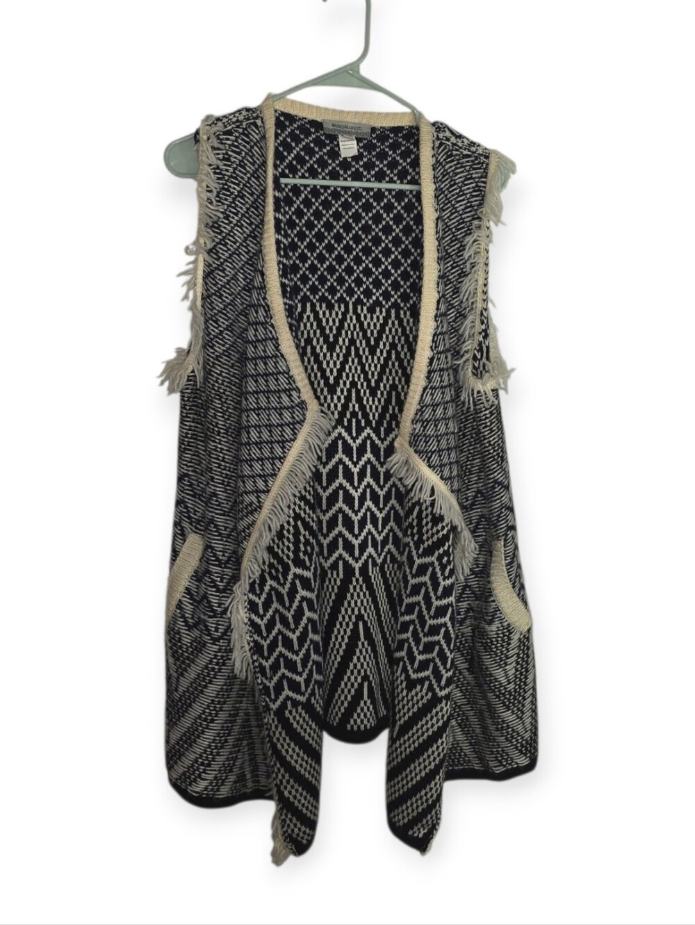 World Market Navy Cream Fringe Vest Cardigan One Size - Picture 2 of 5